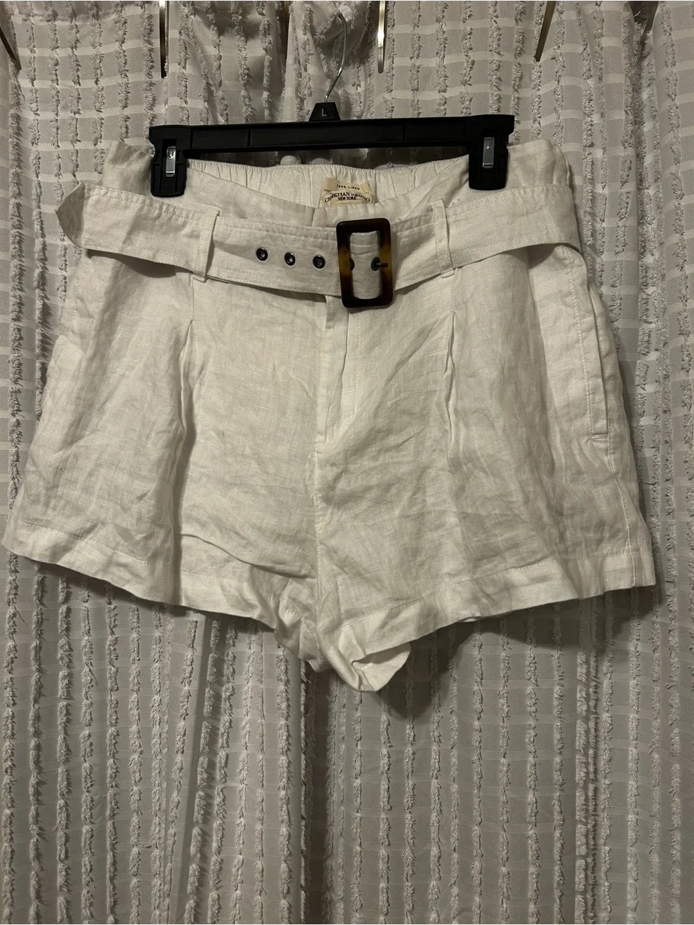 Christian Siriano White High-Waist Linen Belted Shorts